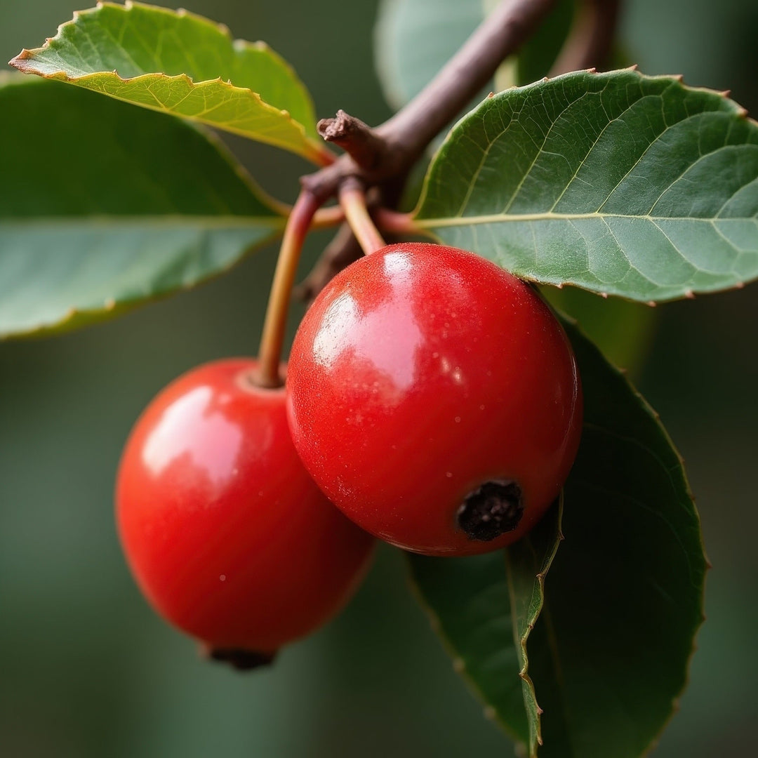 Two red Australian Kakadu plums on a branch with green leaves, labeled 'Kakadu Plum'.