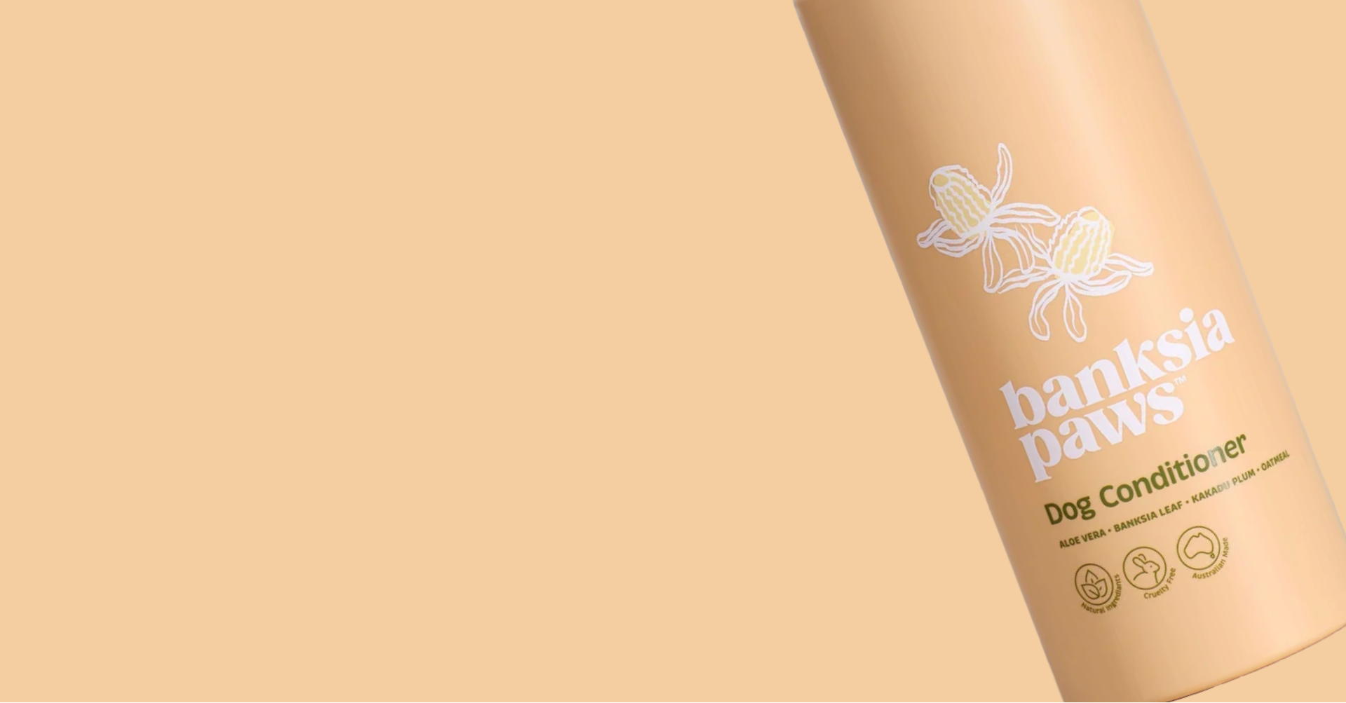 Banksia Paws dog conditioner bottle on a beige background