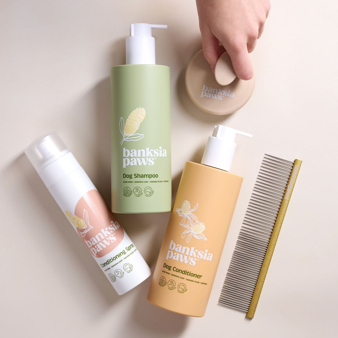 Ultimate Starter Bundle - Dog grooming products including shampoo, conditioner, and a comb on a neutral background.
